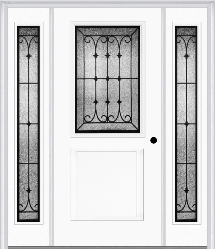 MMI 1/2 Lite 1 Panel 6'8" Fiberglass Smooth Chateau Wrought Iron Exterior Prehung Door With 2 Full Lite Chateau Wrought Iron Decorative Glass Sidelights 682